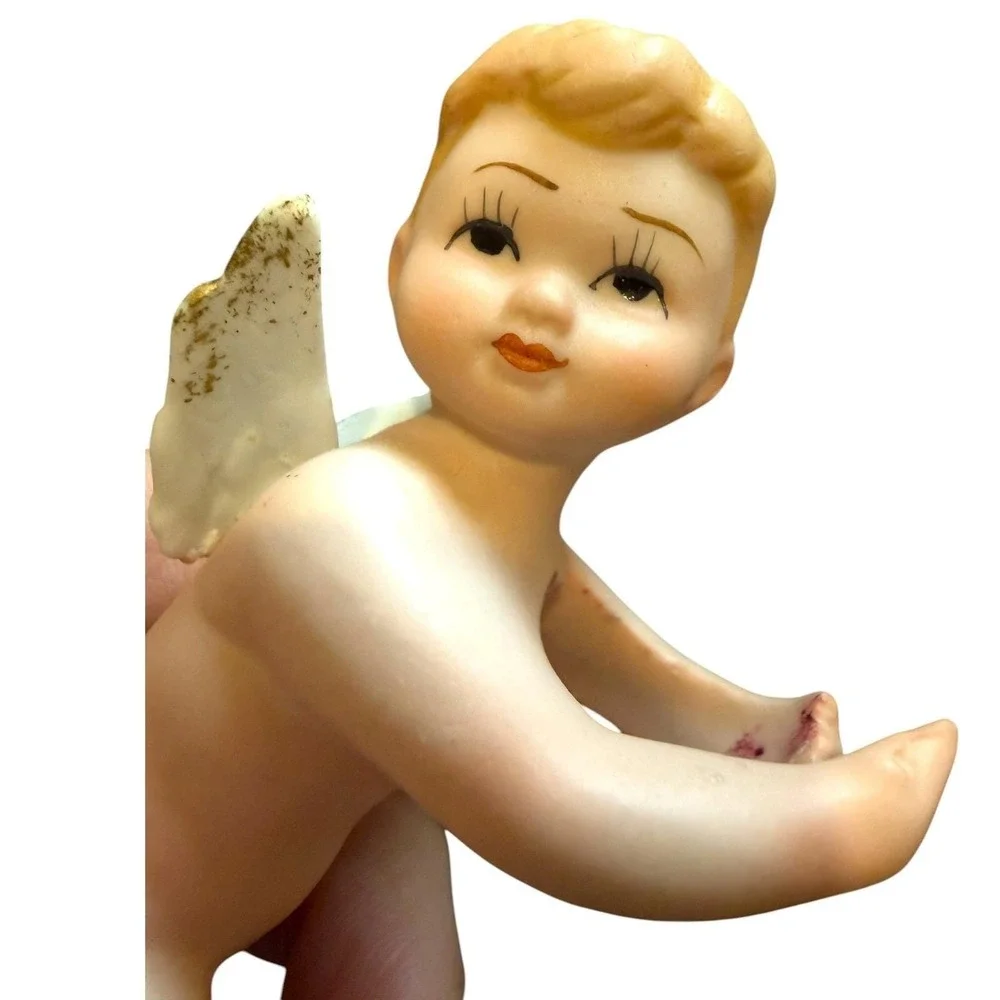 Vintage Lefton Cherub Candle Huggers Pair Japan Bisque Celestial Angel Putti 4in